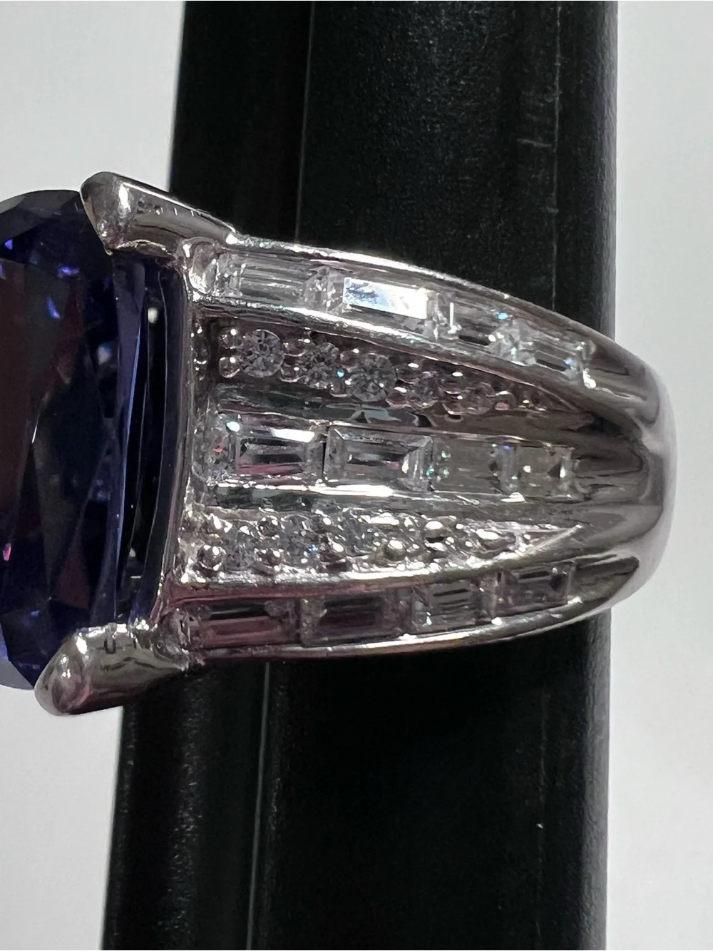 925 Sterling Silver Blue CZ Ring Cushion Cut Stone Set w/ Clear Accents Size 7